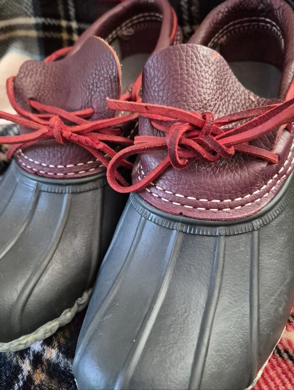 LL BEAN Made I Maine! Burgundy Leather & Black Rubber Duck Boots with Red Laces